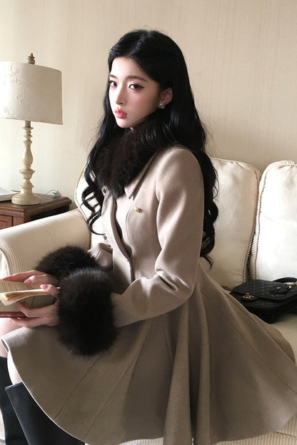 Detachable Fur Collar Double-Breasted Wool Jacket