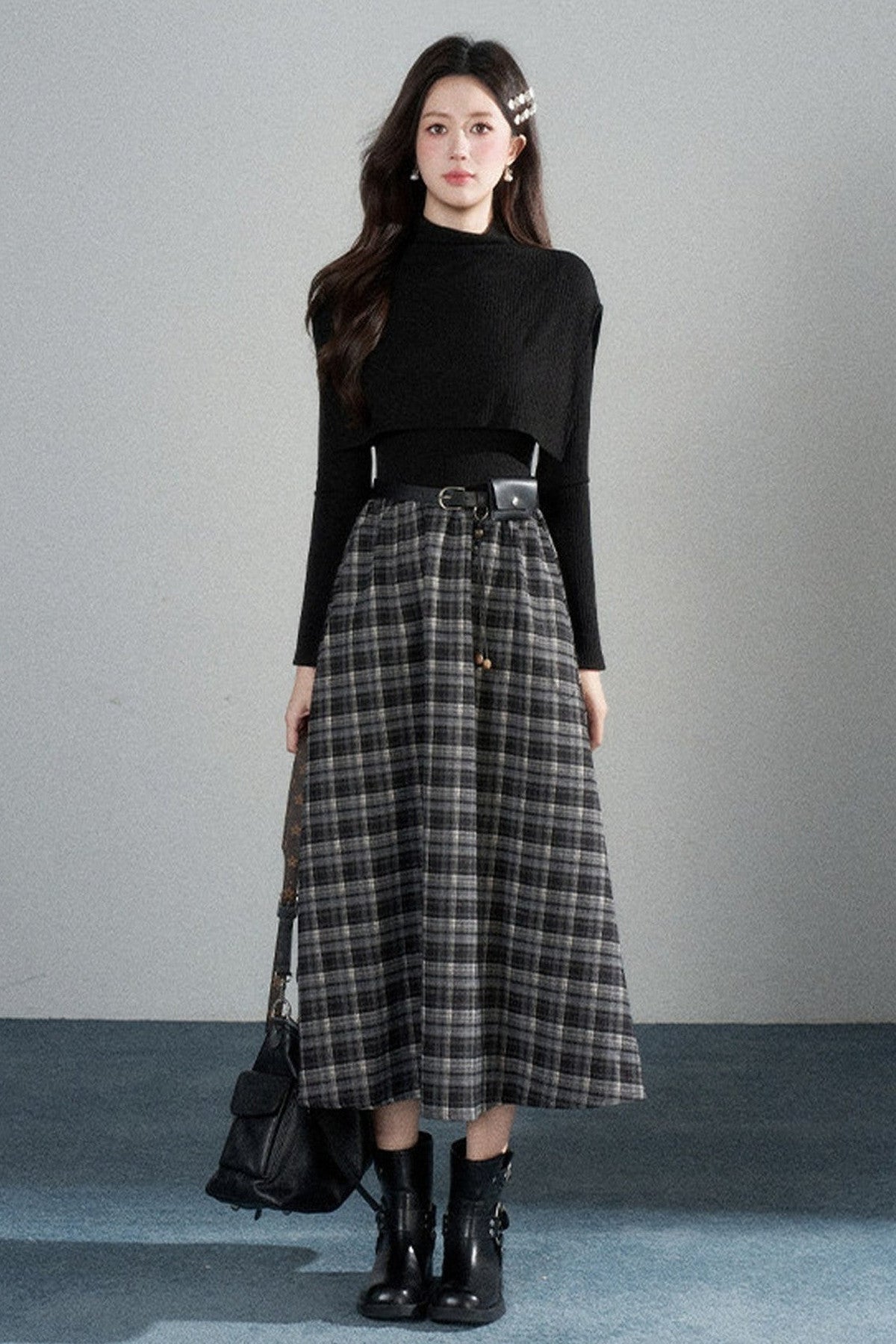 Black High-Neck Long-Sleeve Dress