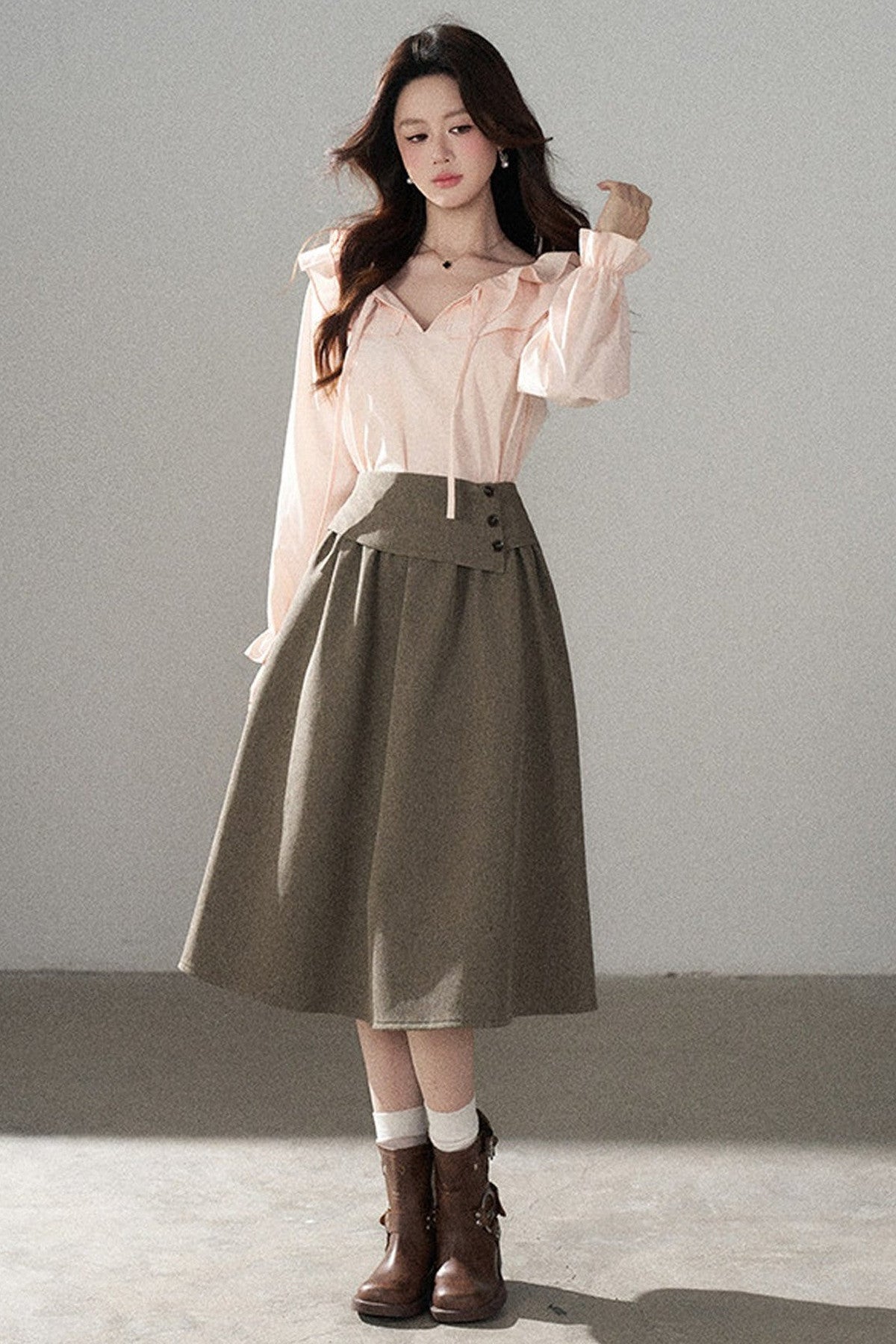 Pink Ruffle Collar Long-Sleeved Top and Skirt Set-Up