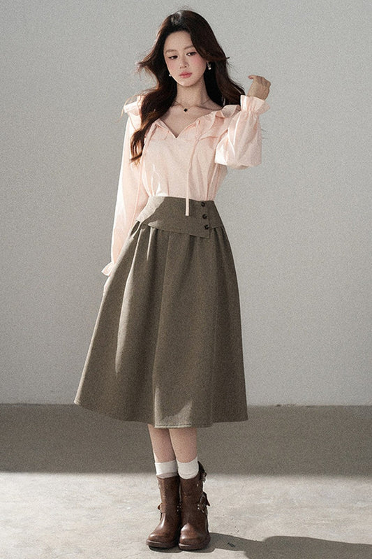 Pink Ruffle Collar Long-Sleeved Top and Skirt Set-Up