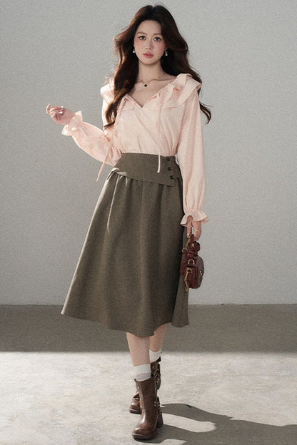 Pink Ruffle Collar Long-Sleeved Top and Skirt Set-Up