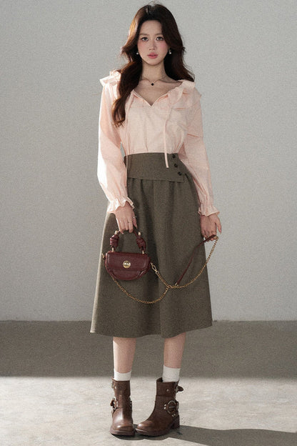 Pink Ruffle Collar Long-Sleeved Top and Skirt Set-Up