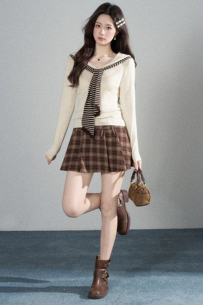Preppy Navy Collar Blouse and Skirt Set-Up