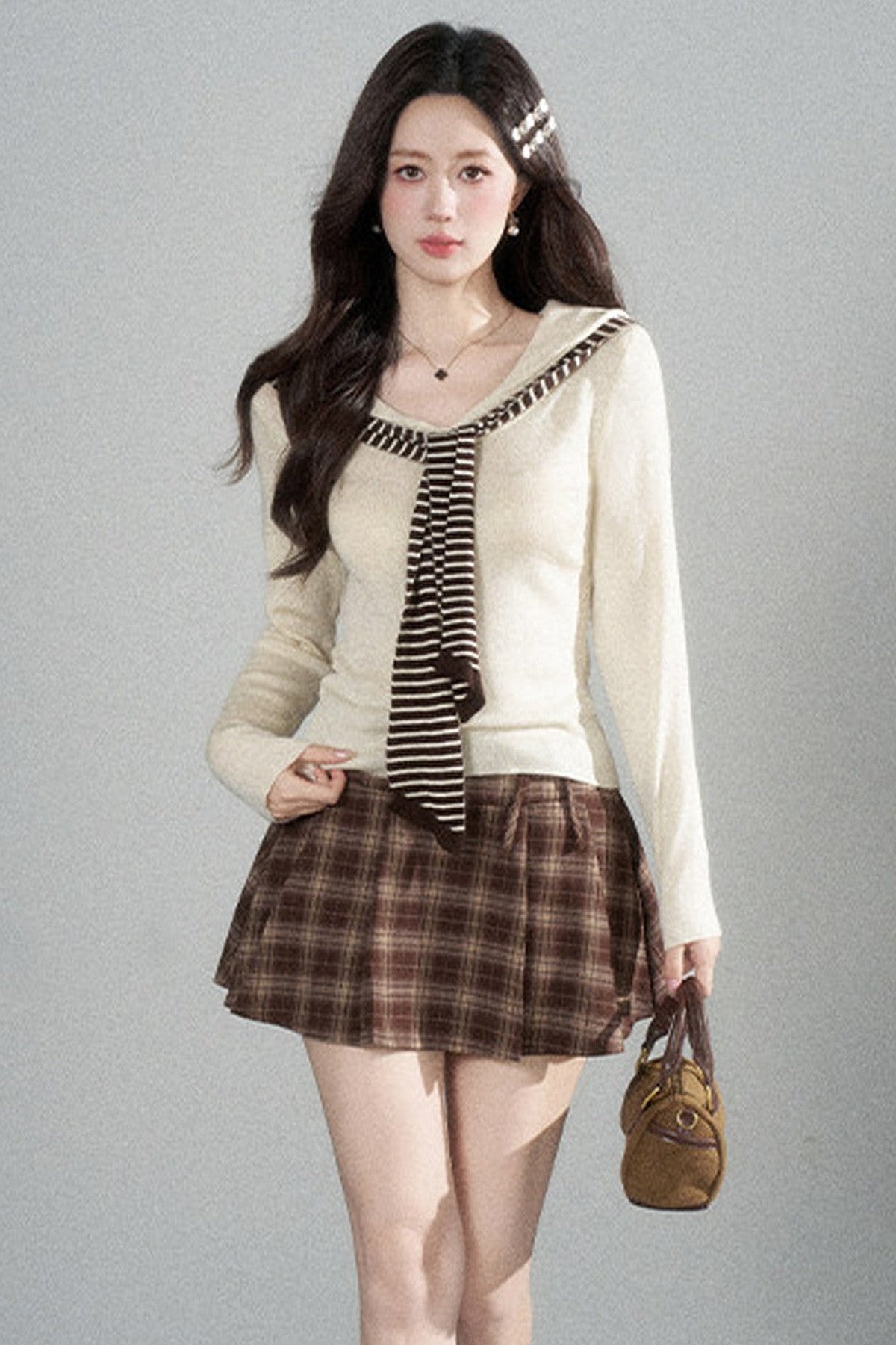 Preppy Navy Collar Blouse and Skirt Set-Up