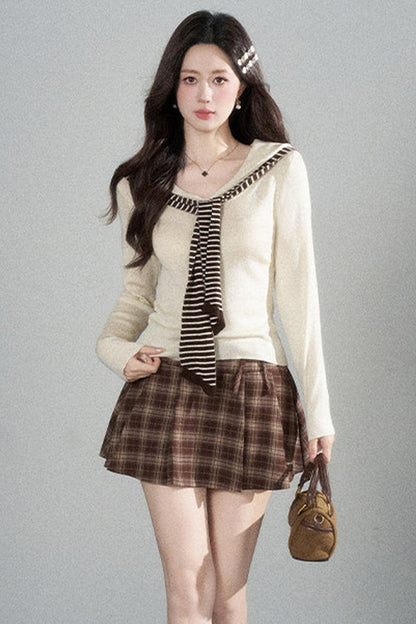 Preppy Navy Collar Blouse and Skirt Set-Up