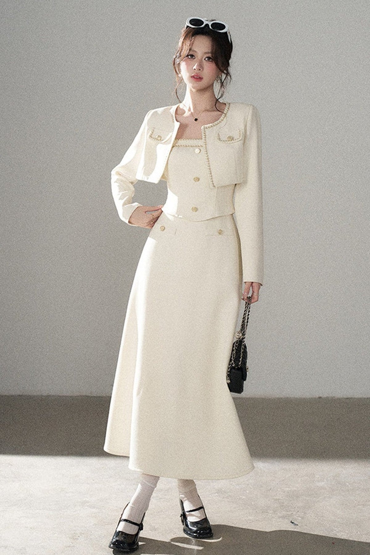 Off-White Chanel-Style A-Line Dress and Short Jacket Set-Up