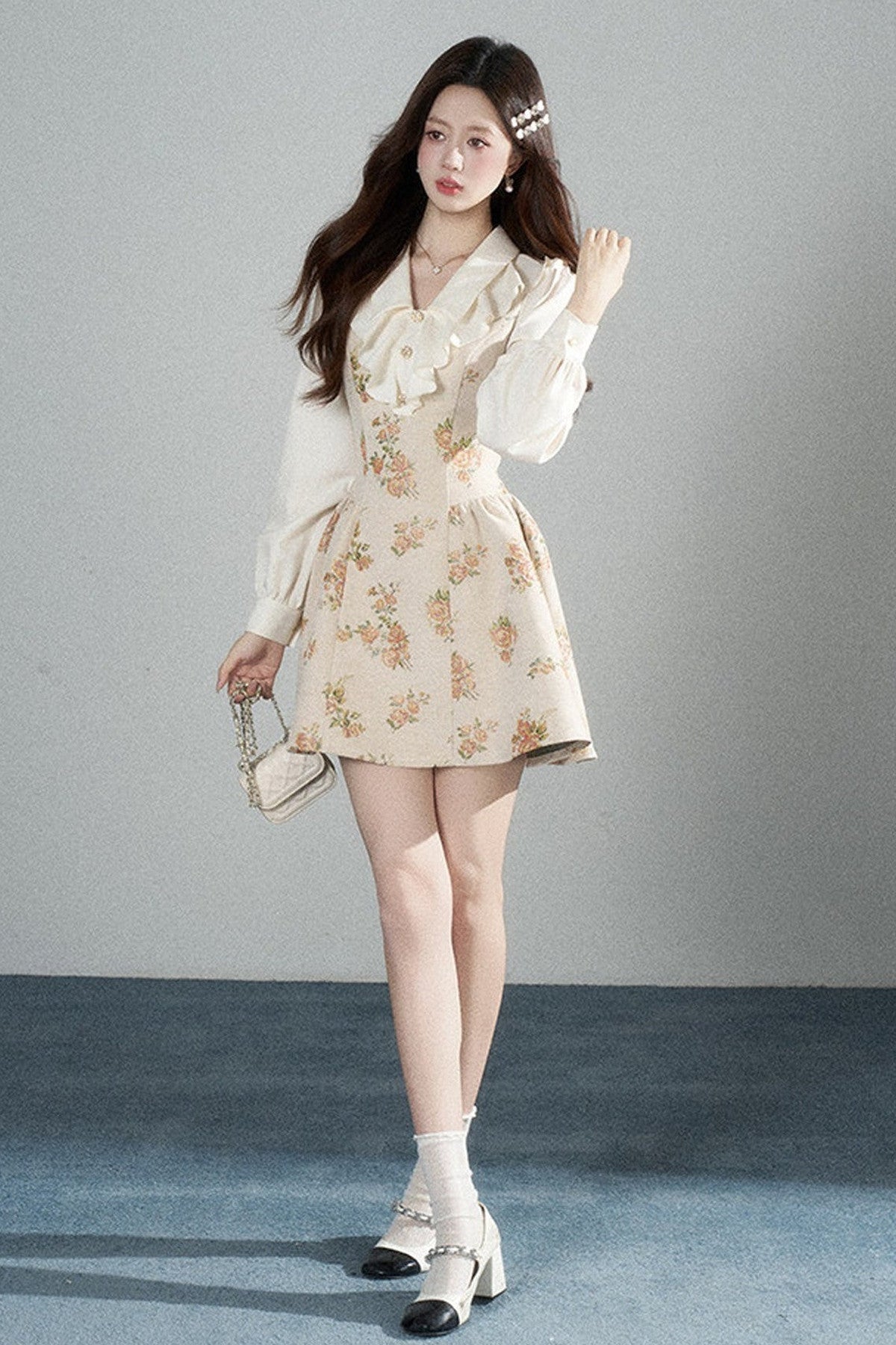 Floral Lantern Sleeve Ruffle Collar Dress