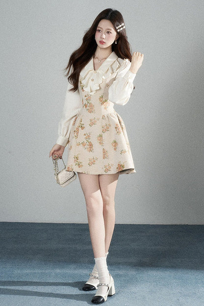 Floral Lantern Sleeve Ruffle Collar Dress