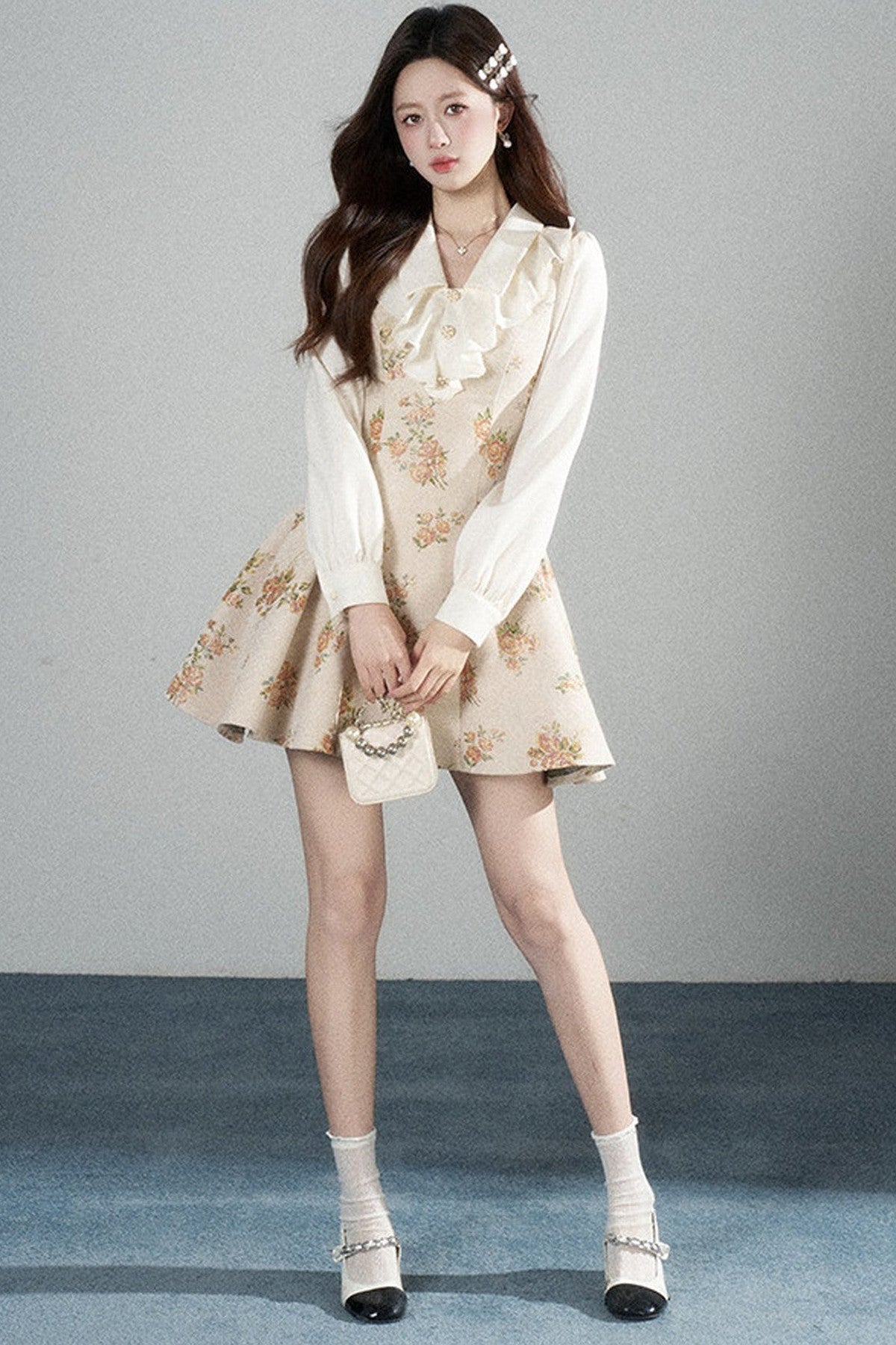 Floral Lantern Sleeve Ruffle Collar Dress