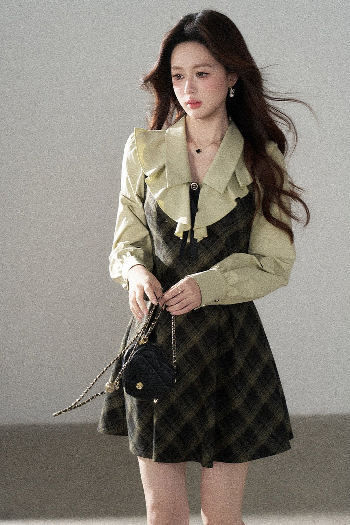 Green Long-Sleeve Layered-Look Dress