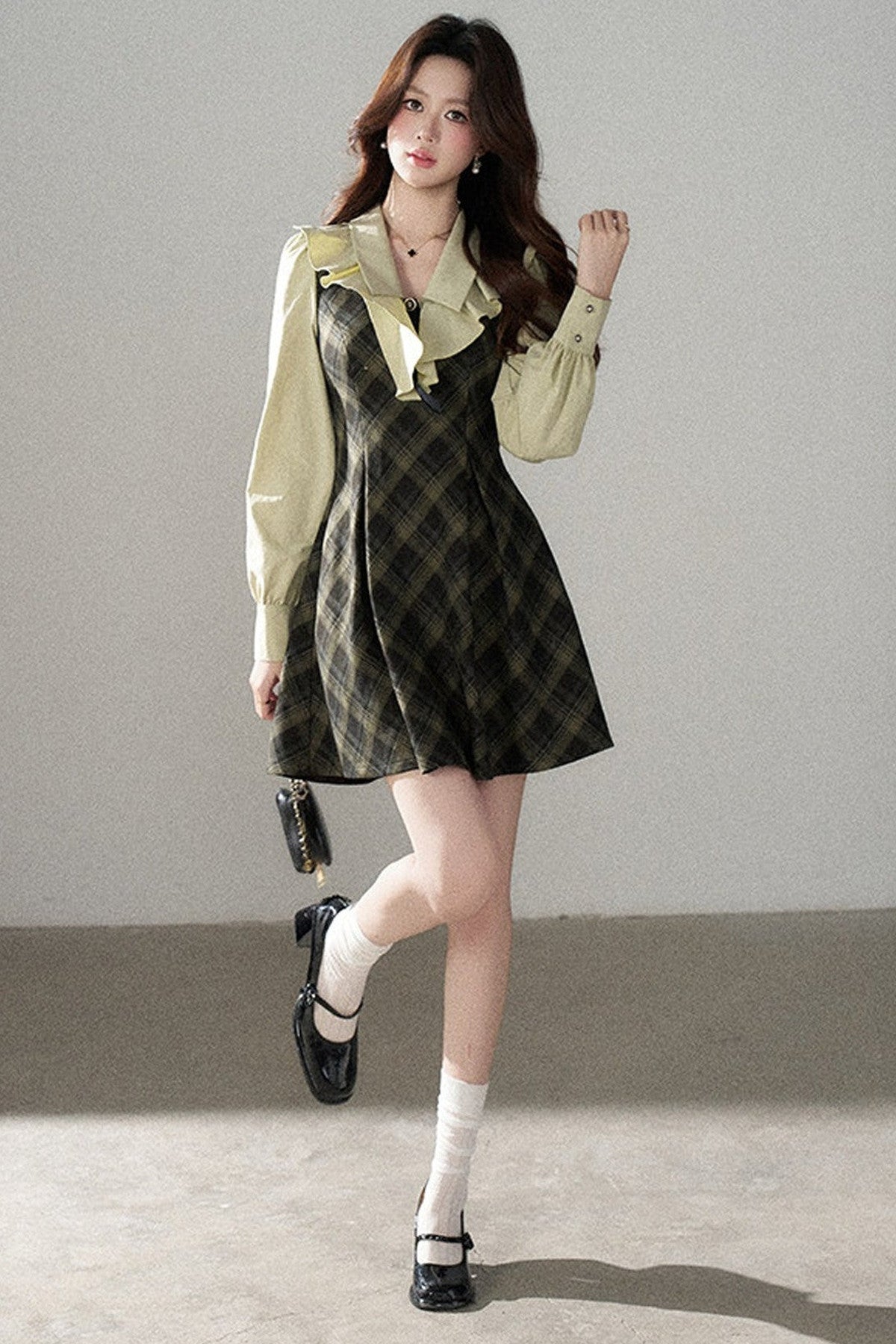 Green Long-Sleeve Layered-Look Dress
