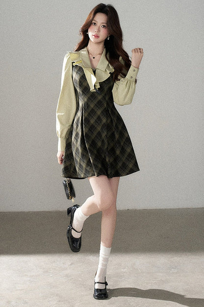 Green Long-Sleeve Layered-Look Dress