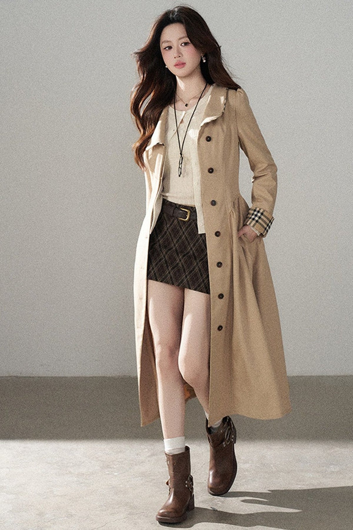 Long Sleeve Single-Breasted Trench Coat, Top and Skirt