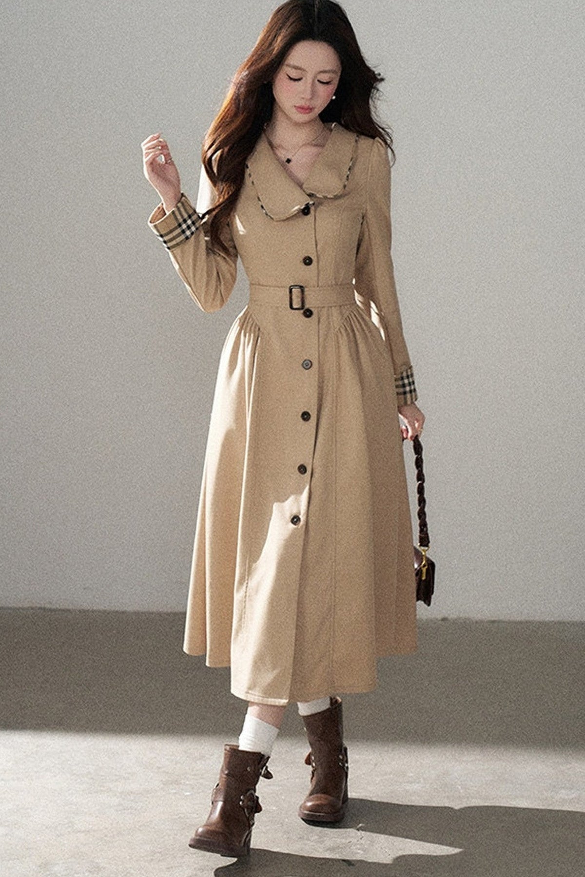 Long Sleeve Single-Breasted Trench Coat, Top and Skirt
