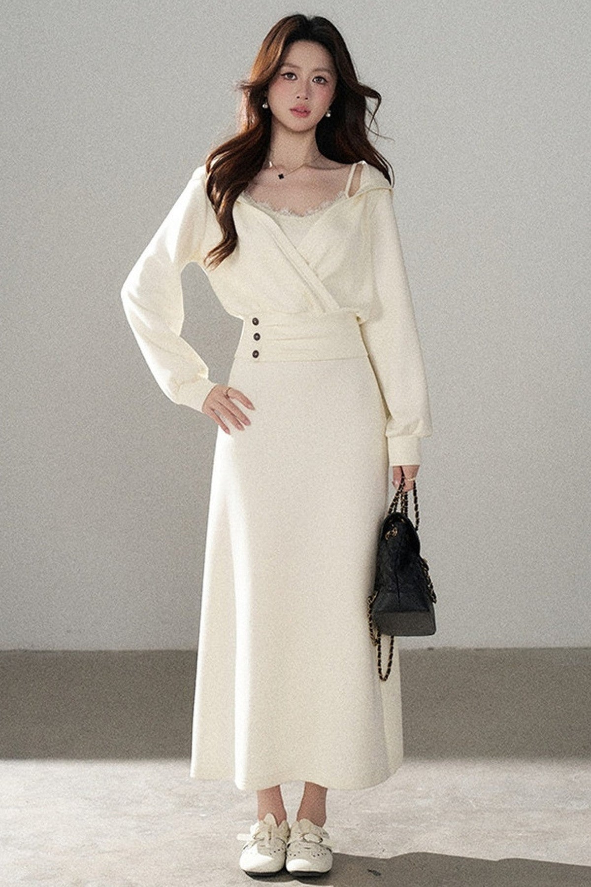 Apricot Flared Lace Dress and Hooded Sweatshirt