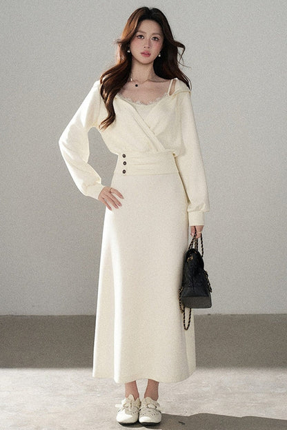 Apricot Flared Lace Dress and Hooded Sweatshirt