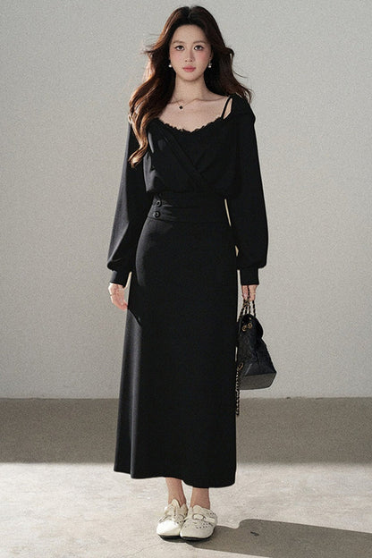 Apricot Flared Lace Dress and Hooded Sweatshirt