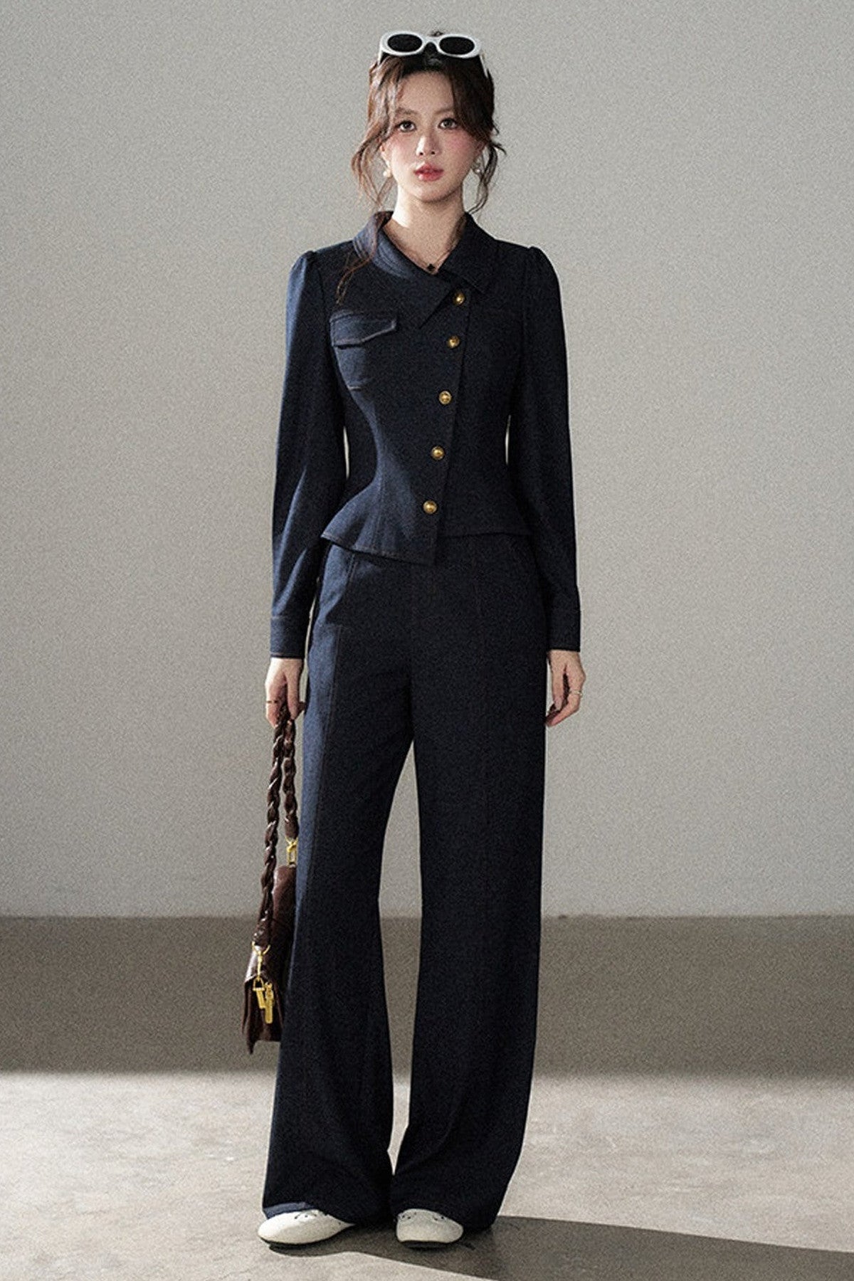 Asymmetrical Lapel Blue Top and Pants Set-Up