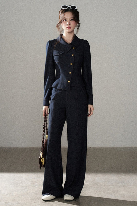 Asymmetrical Lapel Blue Top and Pants Set-Up