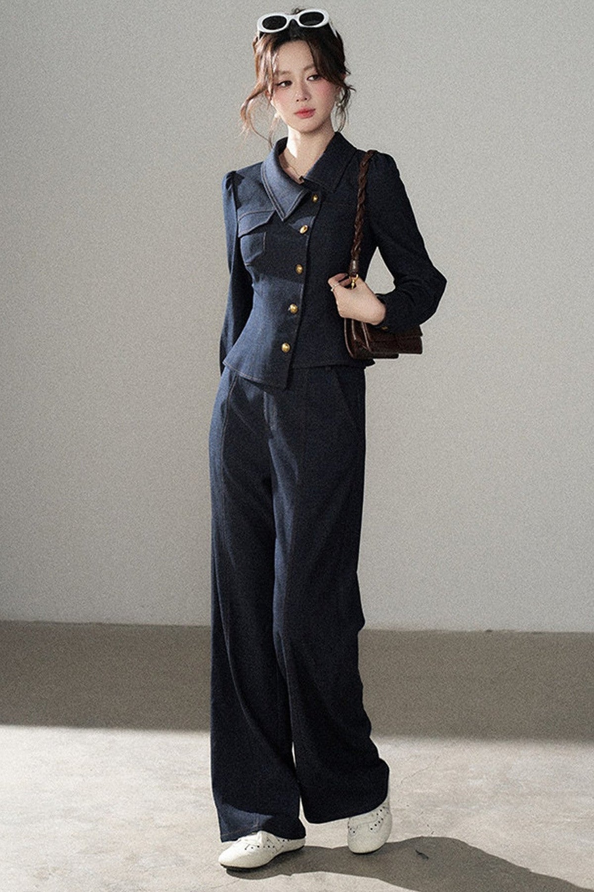 Asymmetrical Lapel Blue Top and Pants Set-Up