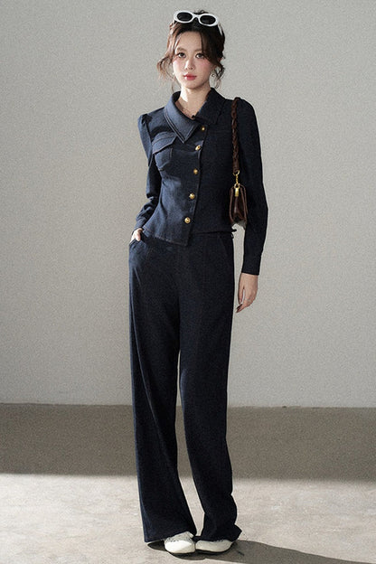 Asymmetrical Lapel Blue Top and Pants Set-Up