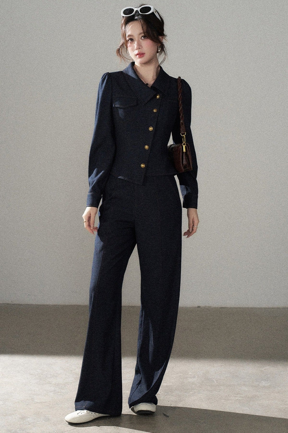 Asymmetrical Lapel Blue Top and Pants Set-Up