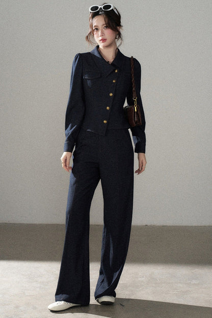 Asymmetrical Lapel Blue Top and Pants Set-Up