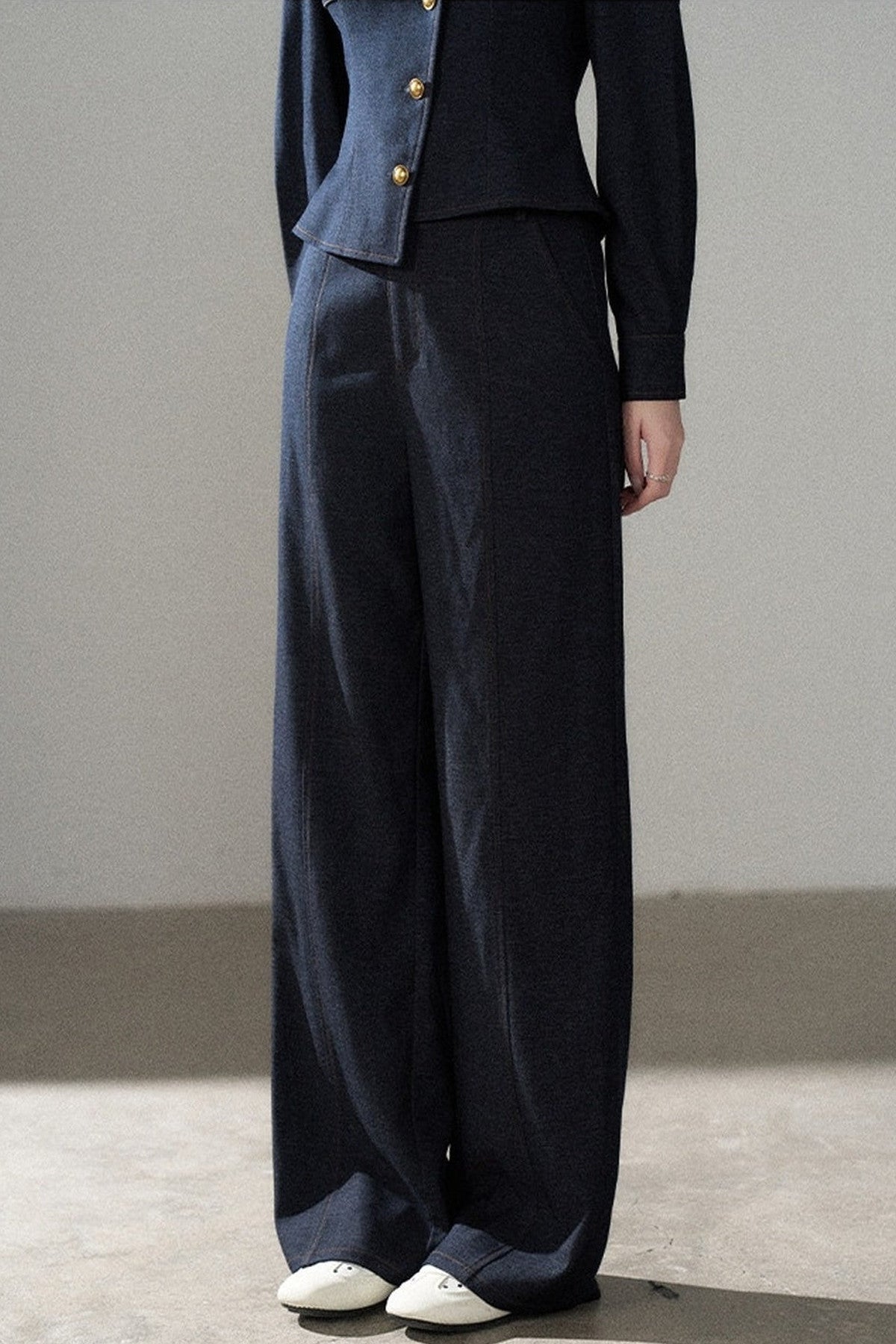Asymmetrical Lapel Blue Top and Pants Set-Up