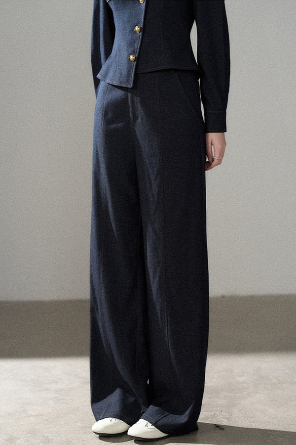 Asymmetrical Lapel Blue Top and Pants Set-Up