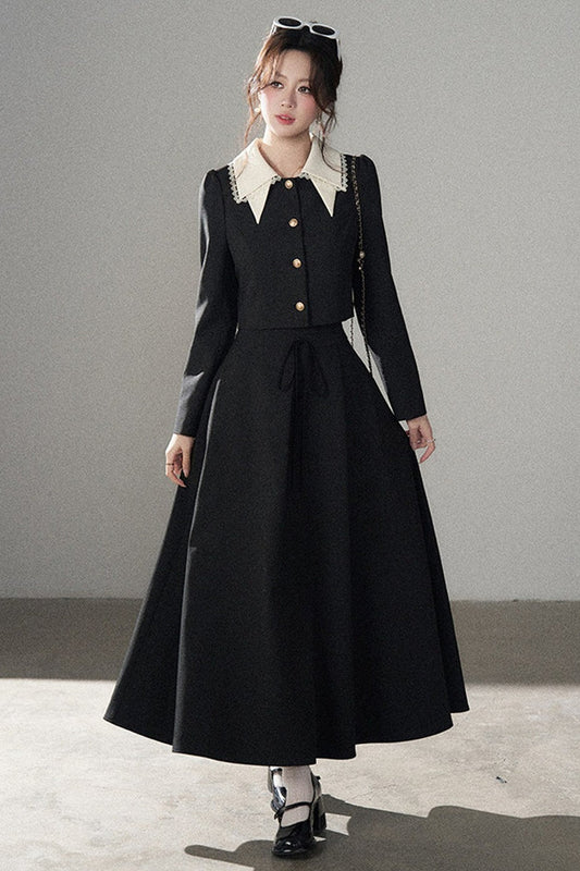 Black Collar Top and Long Skirt Set-Up