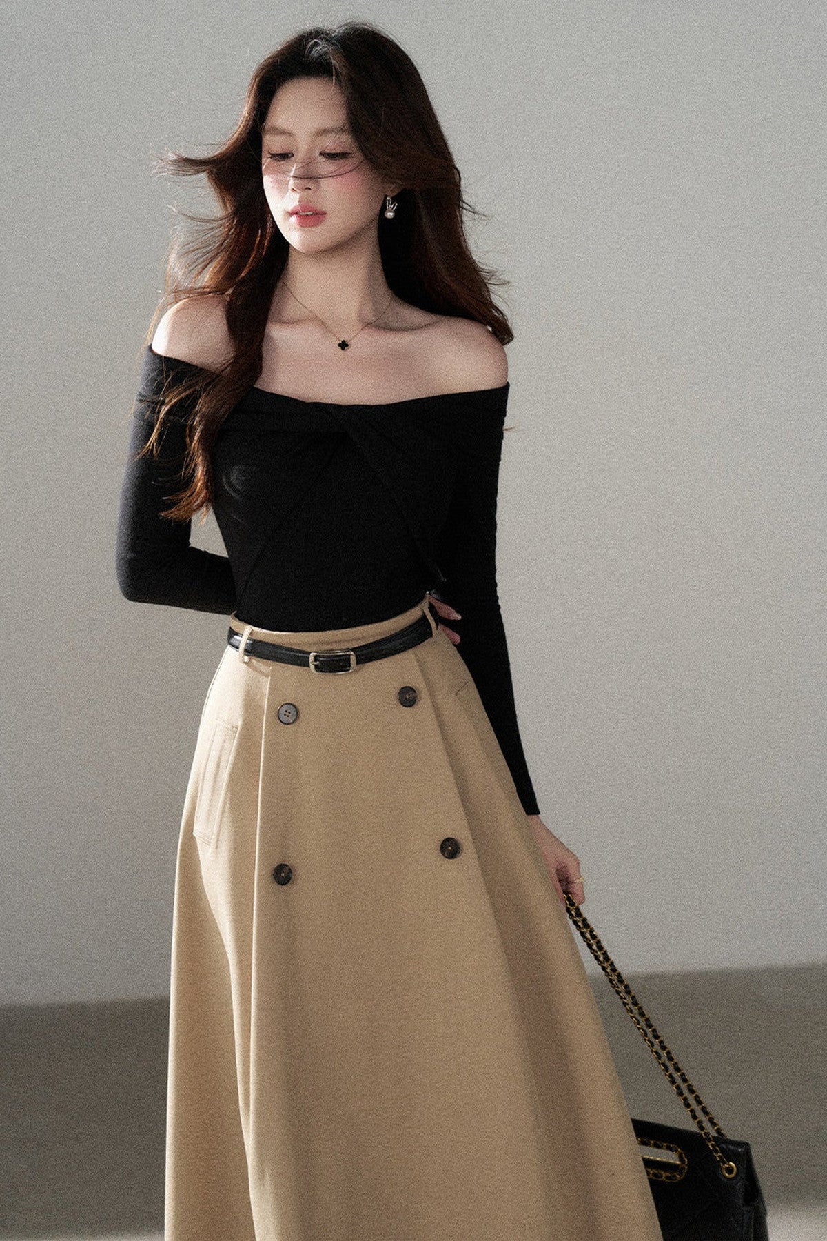 Knot Off-Shoulder Knit Pullover Top and Khaki Skirt Set-Up