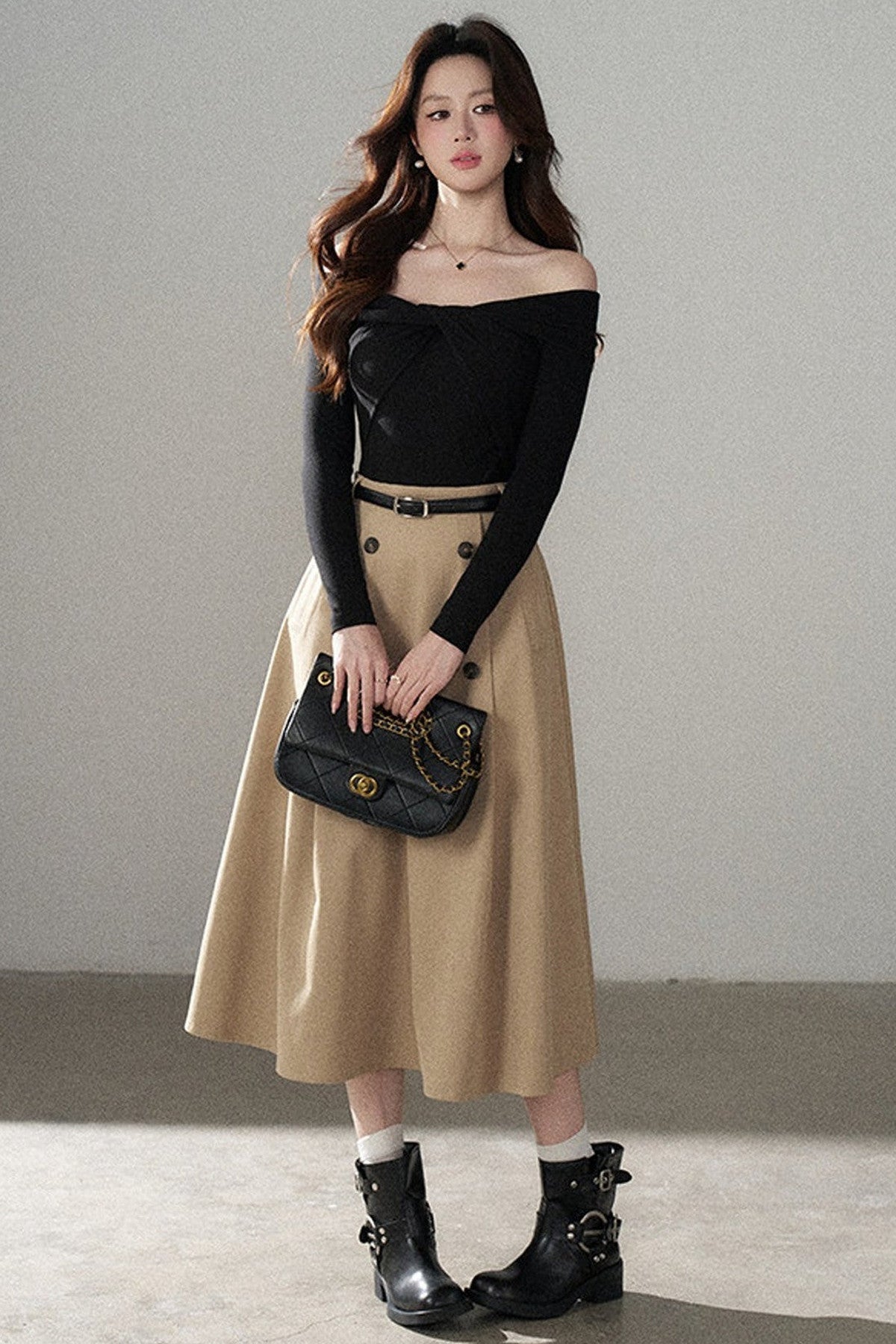 Knot Off-Shoulder Knit Pullover Top and Khaki Skirt Set-Up