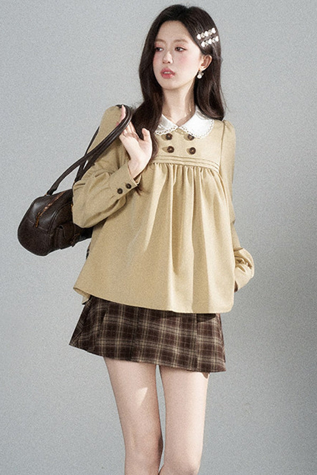 Khaki Doll Collar Pullover Shirt and Skirt Set-Up