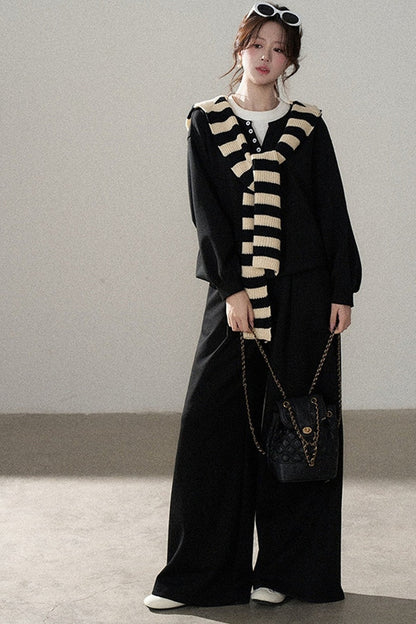 Hooded Shawl Sweatshirt and Wide-Leg Pants Set-Up