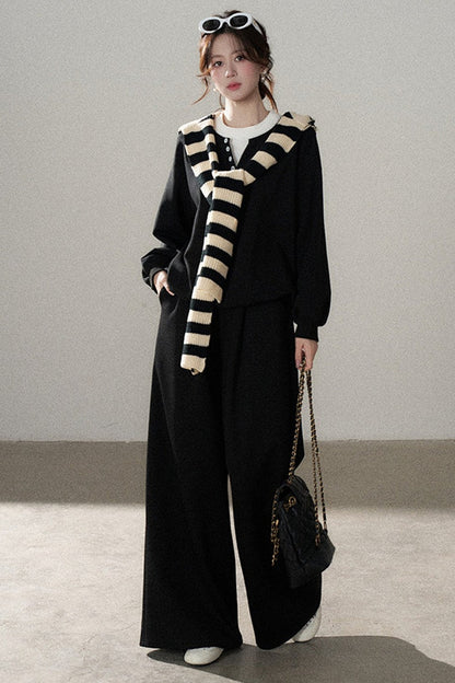Hooded Shawl Sweatshirt and Wide-Leg Pants Set-Up