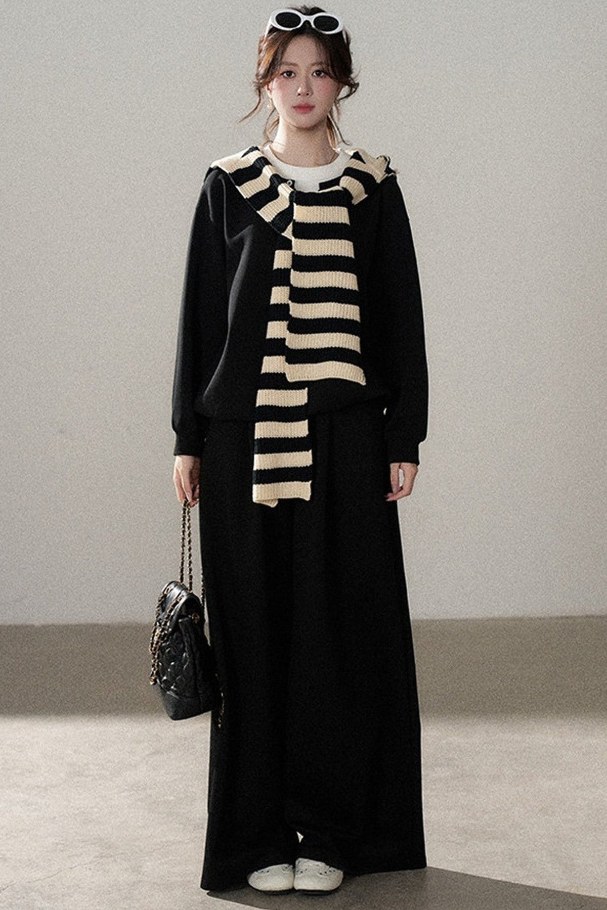 Hooded Shawl Sweatshirt and Wide-Leg Pants Set-Up