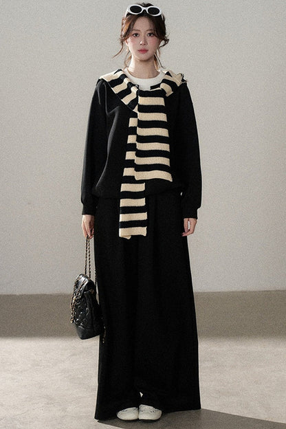 Hooded Shawl Sweatshirt and Wide-Leg Pants Set-Up