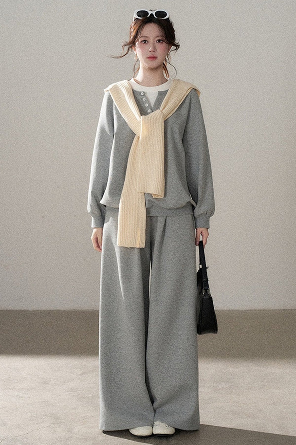 Hooded Shawl Sweatshirt and Wide-Leg Pants Set-Up