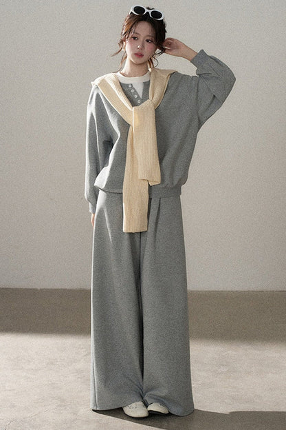 Hooded Shawl Sweatshirt and Wide-Leg Pants Set-Up