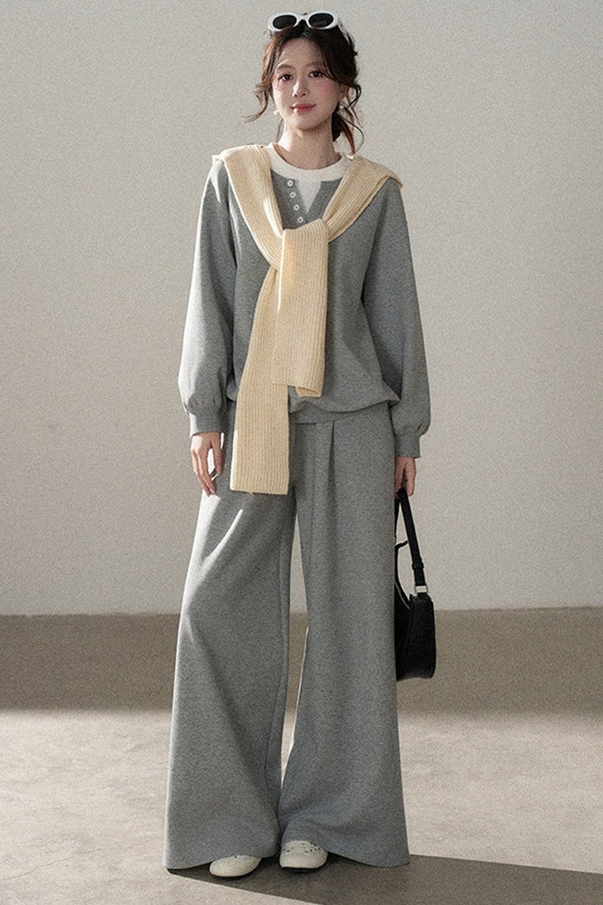 Hooded Shawl Sweatshirt and Wide-Leg Pants Set-Up