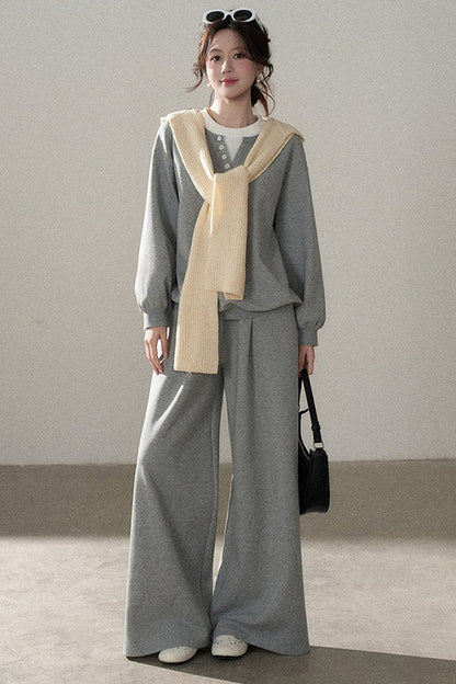 Hooded Shawl Sweatshirt and Wide-Leg Pants Set-Up