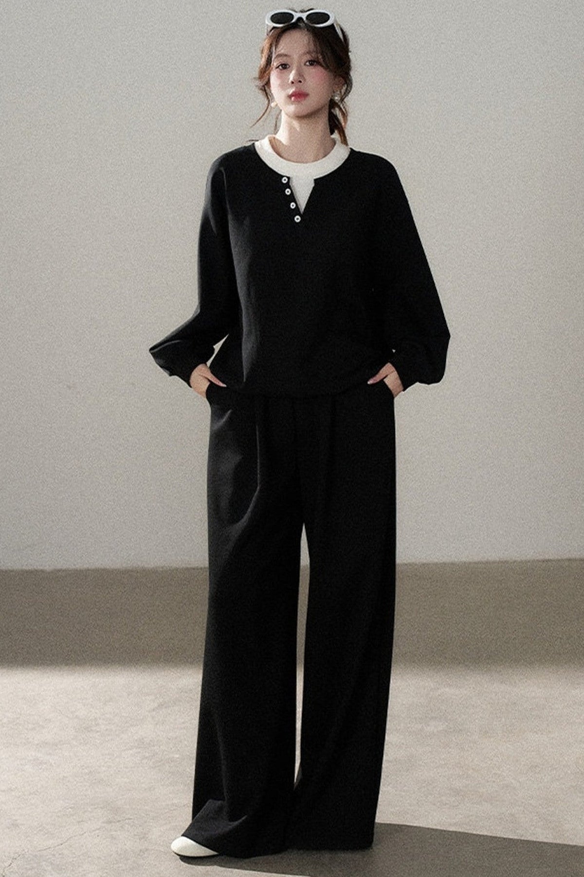 Hooded Shawl Sweatshirt and Wide-Leg Pants Set-Up
