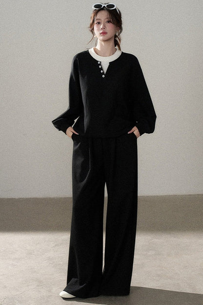 Hooded Shawl Sweatshirt and Wide-Leg Pants Set-Up