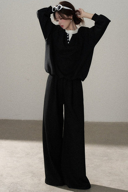 Hooded Shawl Sweatshirt and Wide-Leg Pants Set-Up