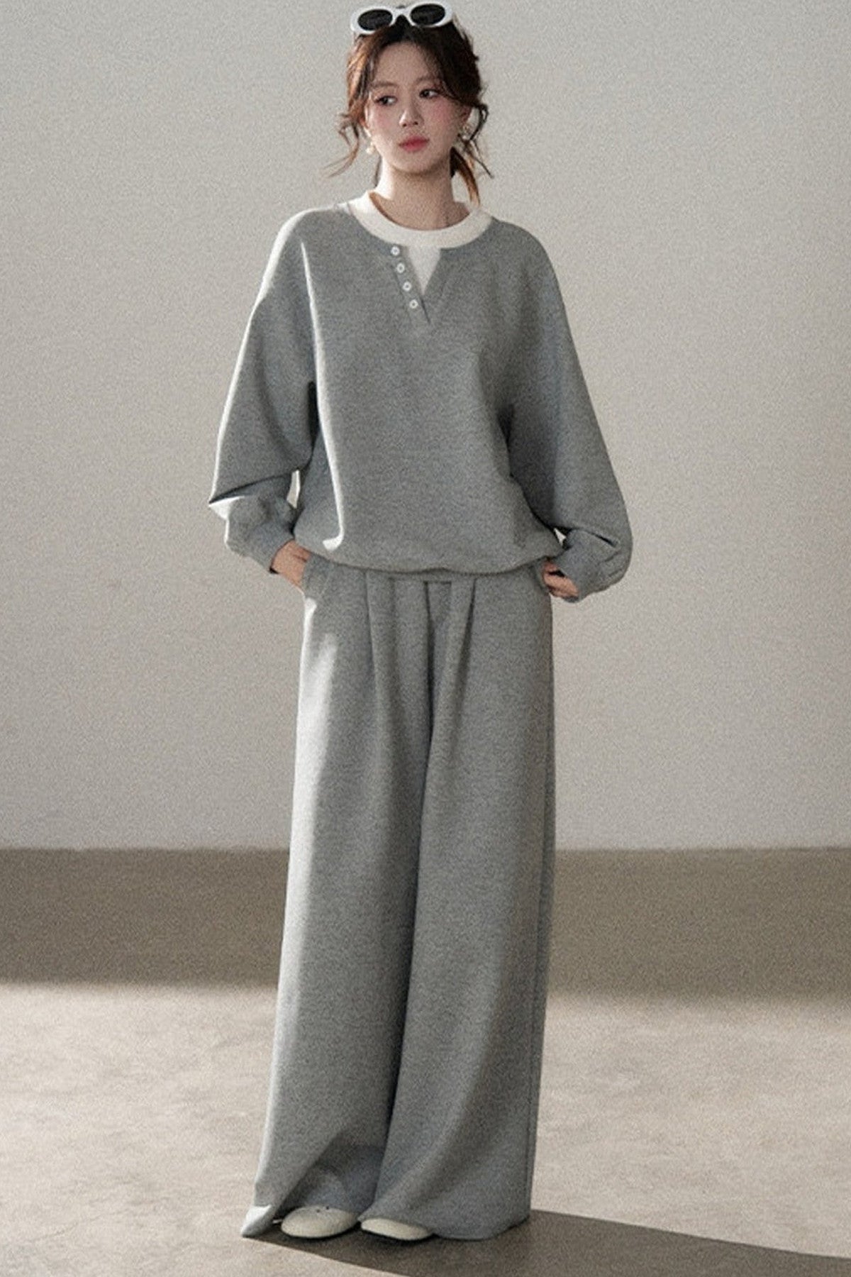 Hooded Shawl Sweatshirt and Wide-Leg Pants Set-Up