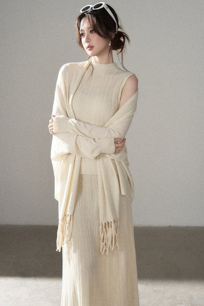 Turtleneck Sweater Long Skirt Shawl Cardigan Set