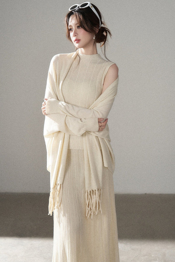 Turtleneck Sweater Long Skirt Shawl Cardigan Set