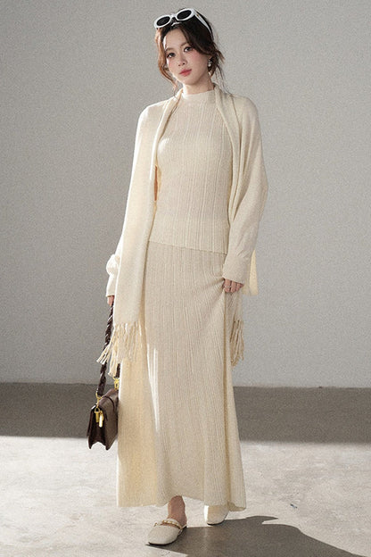 Turtleneck Sweater Long Skirt Shawl Cardigan Set