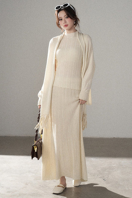Turtleneck Sweater Long Skirt Shawl Cardigan Set