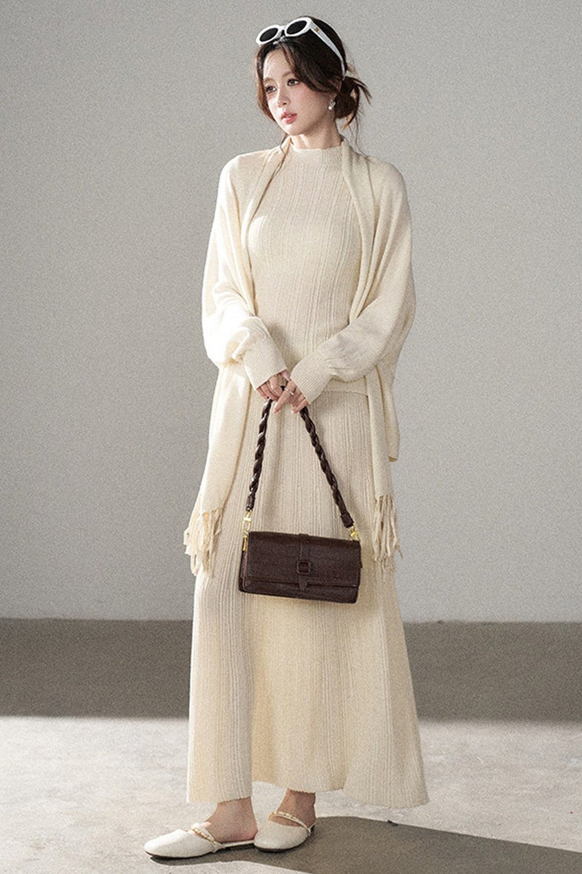 Turtleneck Sweater Long Skirt Shawl Cardigan Set